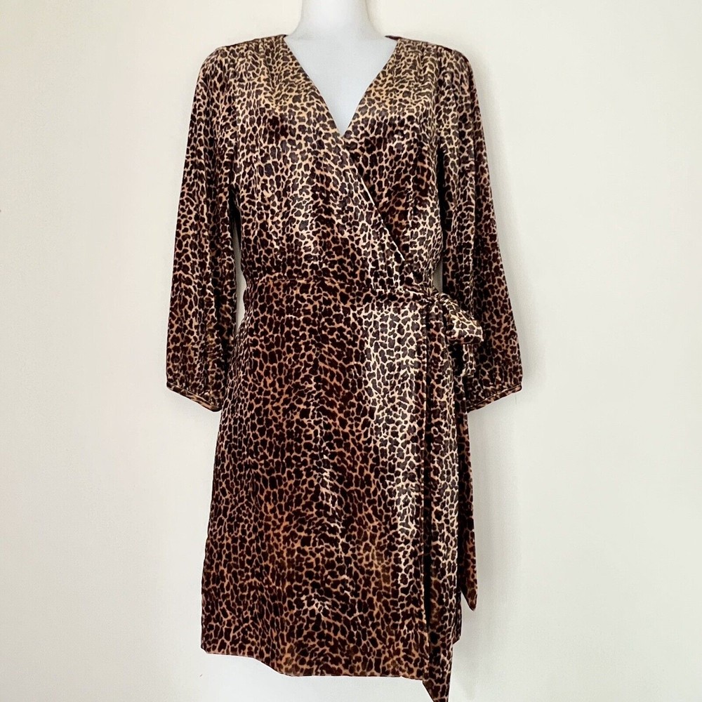 J Crew Dress Womens Size 2 Faux Velvet Leopard Animal Print Wrap Dress Lined